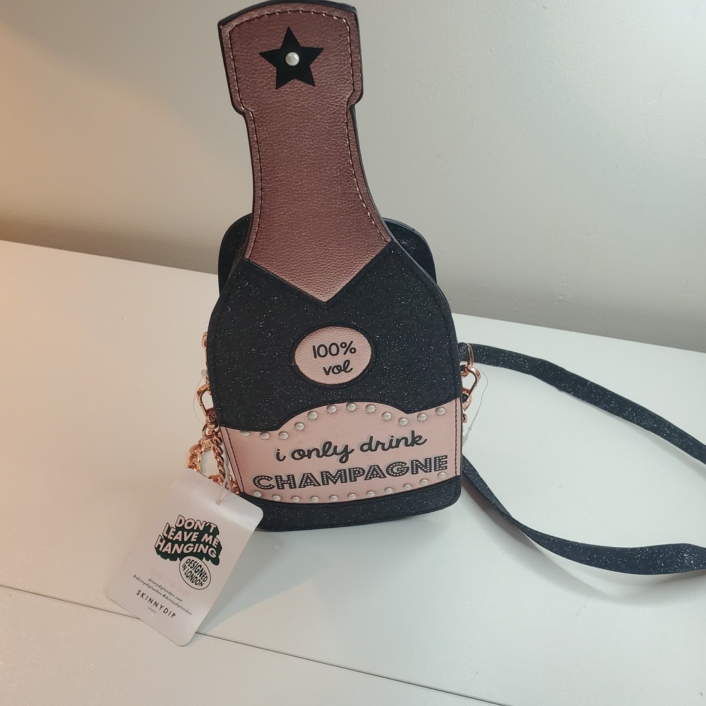 Skinnydip London I Only Drink Champagne Bottle Crossbody Bag Glitter Rose Gold